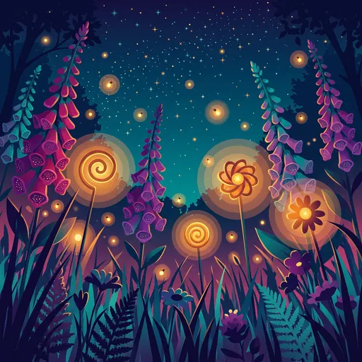 Magical Night Meadow With Glowing Foxgloves