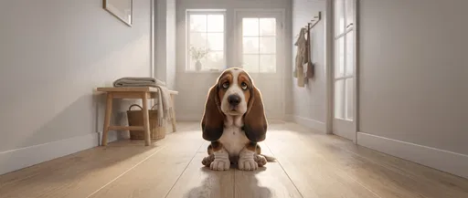 Stylized Basset Hound Puppy in Hallway