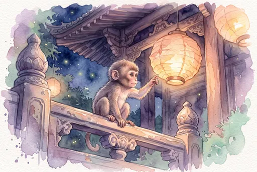 Watercolor Baby Monkey Touching Glowing Temple Lantern