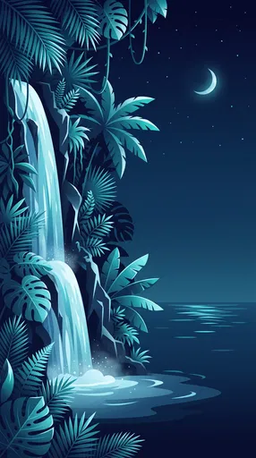 Moonlit Tropical Waterfall Night Illustration