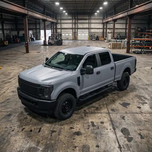 Matte Grey Pickup Truck in Warehouse