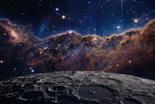 Golden Nebula Rising Over Cratered Moon