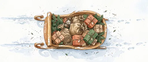 Watercolor Wooden Sleigh With Holiday Gifts