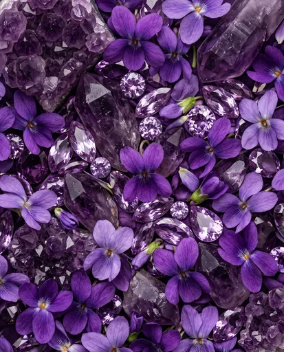 Purple Amethyst Crystals and Violet Flowers