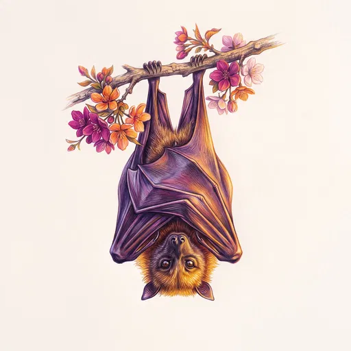 Colored Pencil Flying Fox on Blossoming Branch
