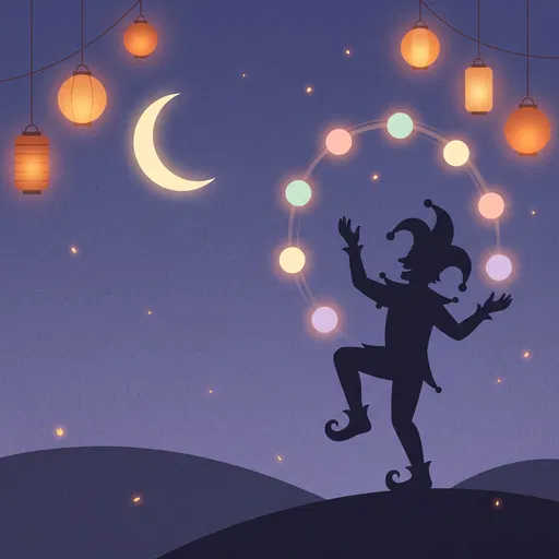 Jester Silhouette Juggling Glowing Orbs at Night
