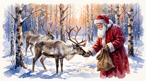Watercolor Santa Claus Feeding Forest Reindeer