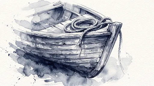Indigo Watercolor Illustration of Wooden Rowboat Bow