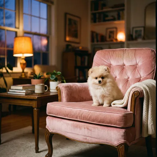 Cream Pomeranian Puppy on Pink Armchair