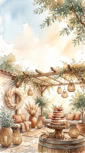Bohemian Patio Celebration Watercolor Illustration