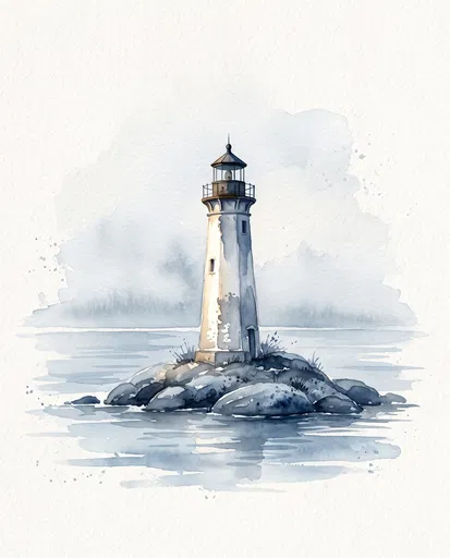 Watercolor Lighthouse on Rocky Islet