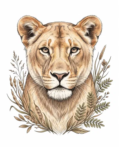 Botanical Colored Pencil Lioness Head Clipart