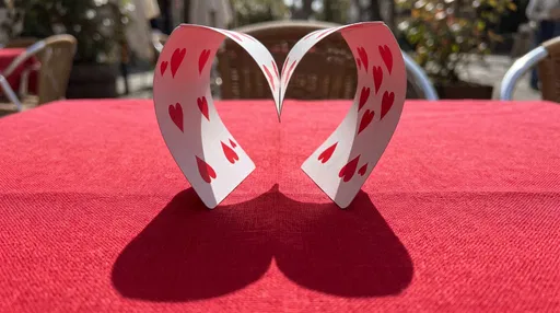 Playing Cards Forming Heart on Red Table