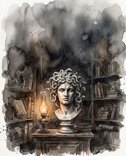 Watercolor Medusa Bust in Shadowy Archive