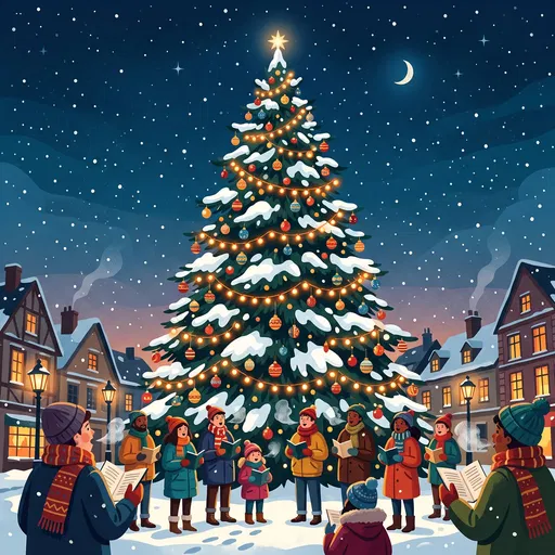 Carolers Singing Beneath Giant Christmas Tree