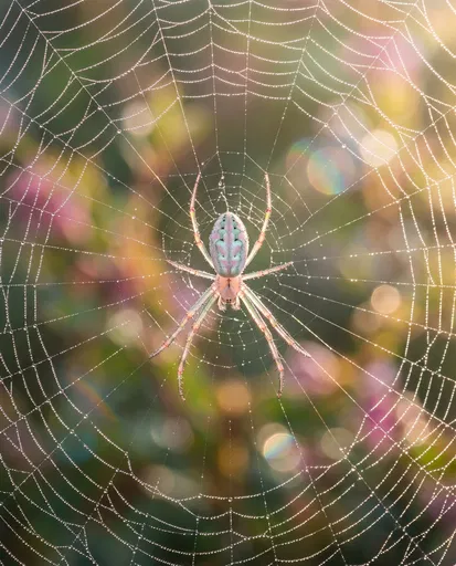 Pastel Orb-Weaver Spider on Dewy Web