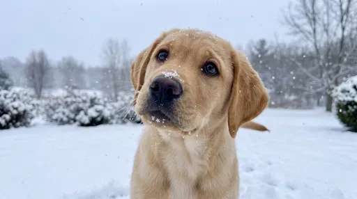 Yellow Labrador Puppy in Winter Snow