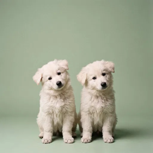 Two White Puppies on Green Background