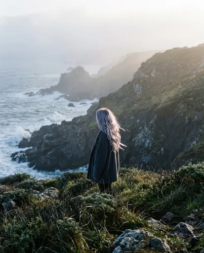 Woman with Lilac Hair by Misty Coastline
