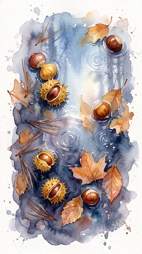 Watercolor Autumn Chestnuts and Leaves in Puddle