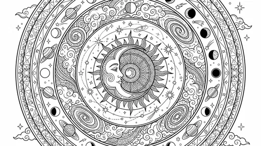 Celestial Sun and Moon Mandala Line Art