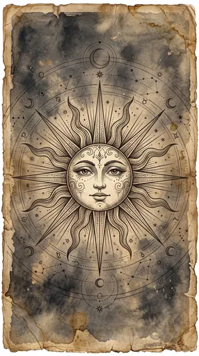 Vintage Celestial Sun Drawing on Parchment