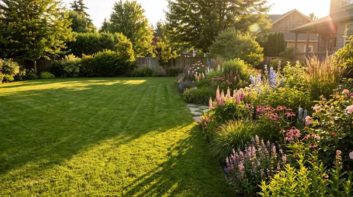 Sunlit Suburban Garden and Green Lawn