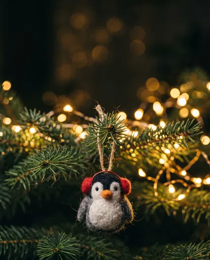 Felted Penguin Ornament on Pine Branch
