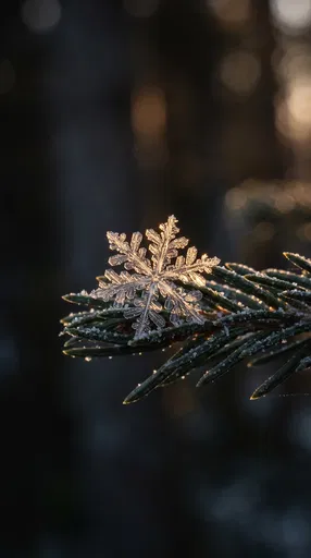 Golden Backlit Snowflake on Evergreen Branch