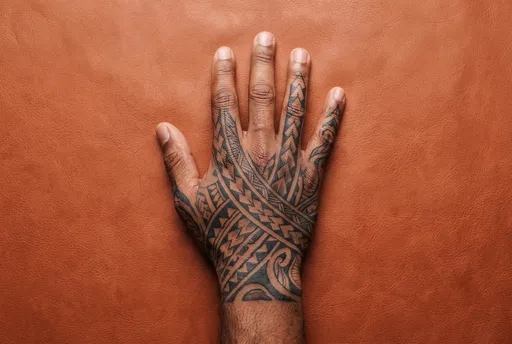 Tattooed Hand on Brown Leather Surface