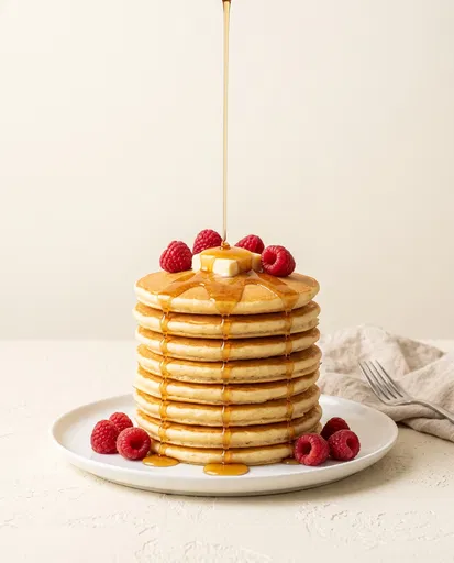 Tall Pancake Stack With Pouring Maple Syrup