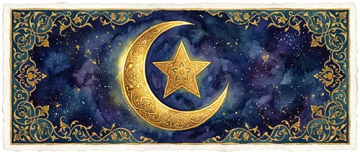 Golden Islamic Crescent and Star Watercolor Banner