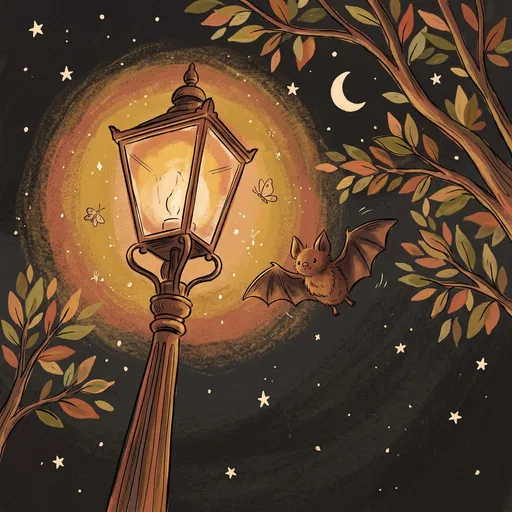 Whimsical Bat Flying Past Vintage Streetlamp