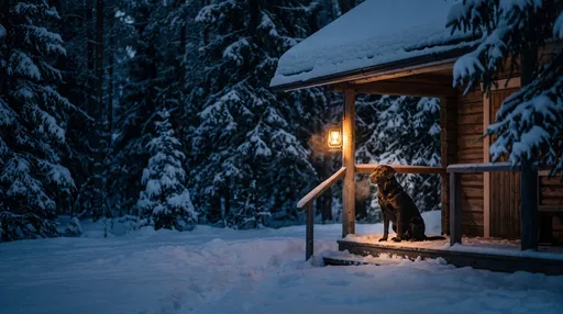 Labrador Retriever on Snowy Cabin Porch