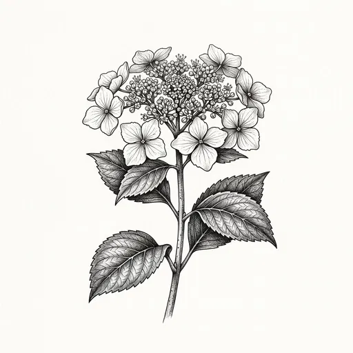 Black Ink Lacecap Hydrangea Botanical Illustration