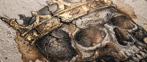 Macro Charcoal and Gold Skull Drawing