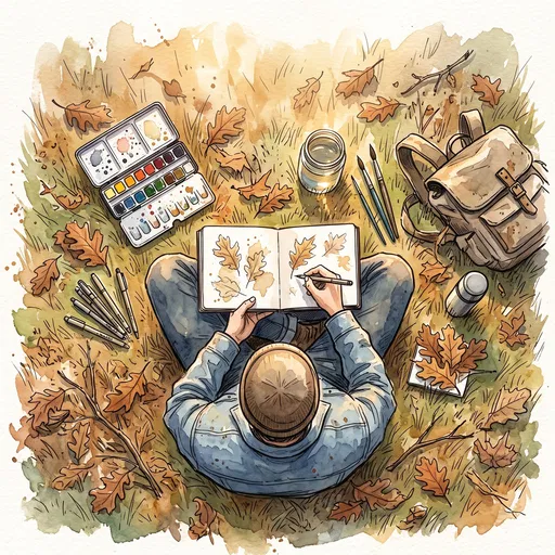 Overhead Illustration of Artist Sketching Autumn Leaves