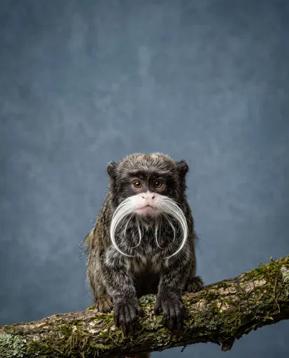 Emperor Tamarin Studio Portrait on Branch