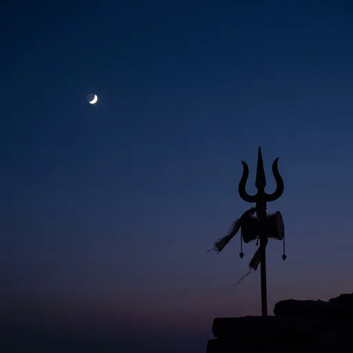 Trishula and Damaru Silhouette Under Crescent Moon