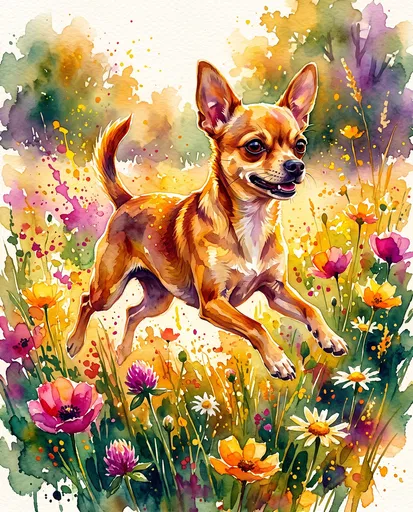 Watercolor Chihuahua Bounding Through Wildflower Meadow