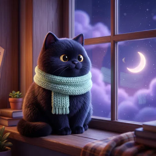 Cute Black Cat in Knitted Scarf