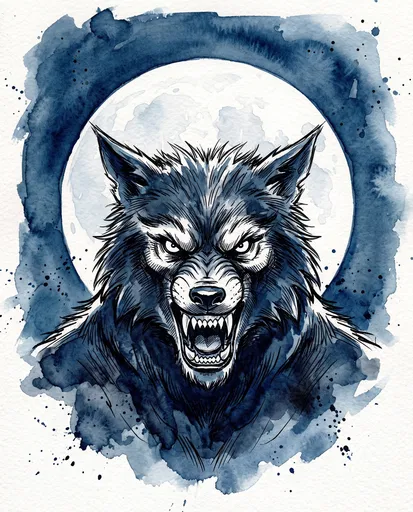 Blue Watercolor and Ink Werewolf Illustration