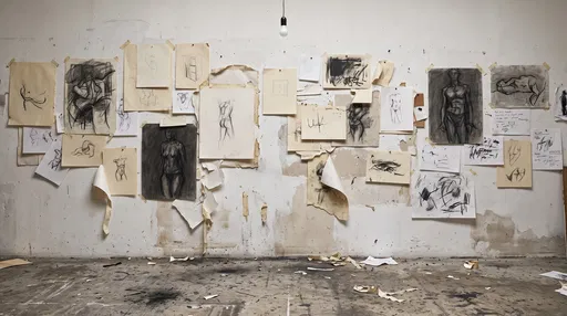 Charcoal Sketches Taped on Studio Wall