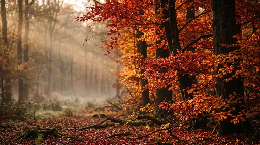 Sunlight Through Misty Autumn Forest Foliage