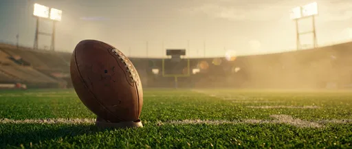 American Football on Tee in Sunlit Stadium