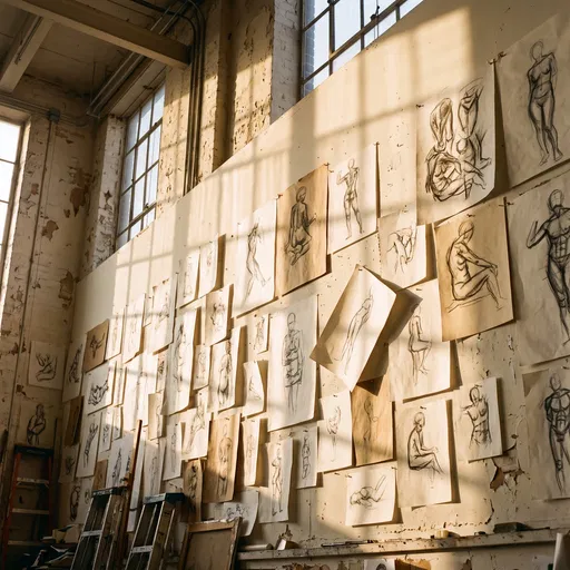 Sunlit Studio Wall With Charcoal Sketches