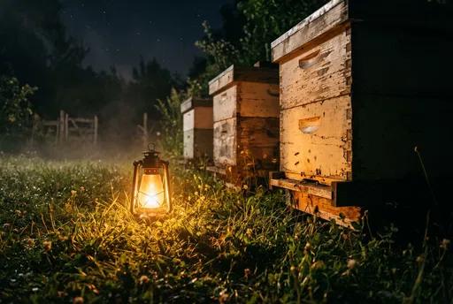 Glowing Lantern by Wooden Beehives at Night