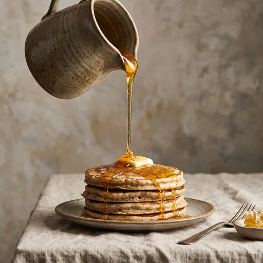Golden Honey Pouring Onto Pancake Stack