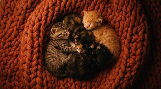 Four Kittens Sleeping on Terracotta Blanket