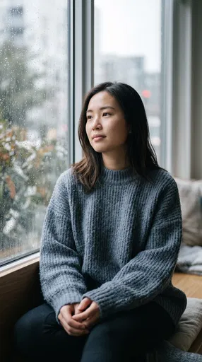 Woman Sitting by Rainy Window